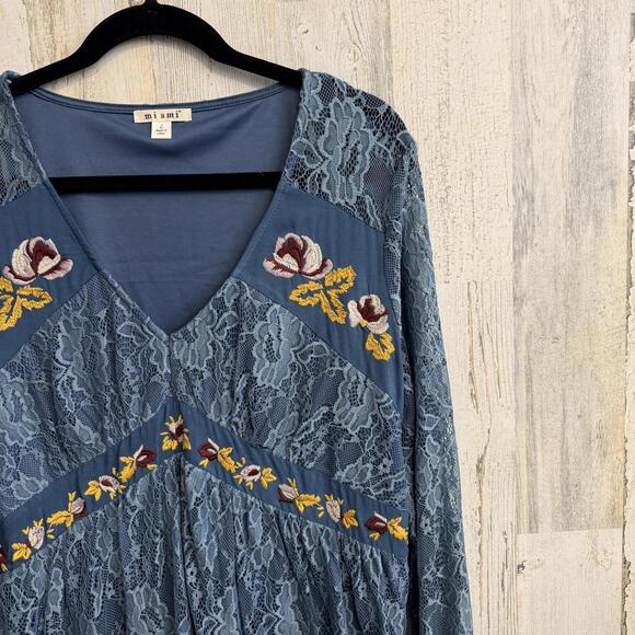 Miami Women’s L Blue Lace Embroidered Floral Long Sleeve Boho Dress - Picture 6 of 11